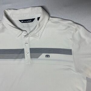 Travis Mathew Polo Men's L White Gray Stripe Cotton Blend Short Sleeve